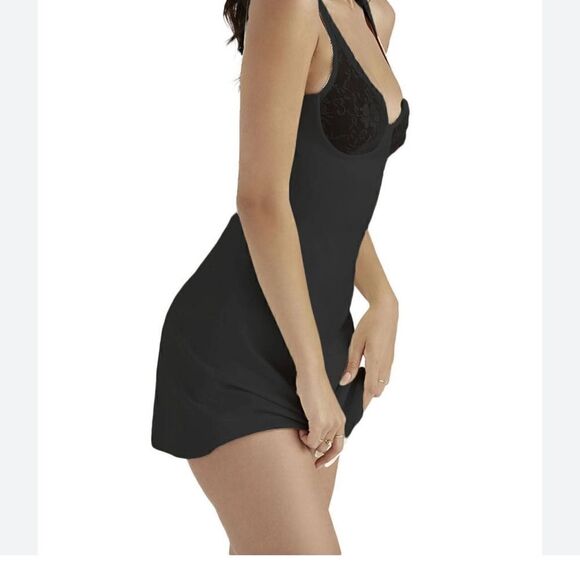 Elegant Short Dress Square Neck Lace Trim Bodycon Sleeveless Black Dress - Picture 2 of 11